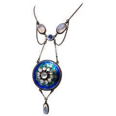 Arts and Crafts Handmade Multicolor Enamel Moonstone Silver Necklace