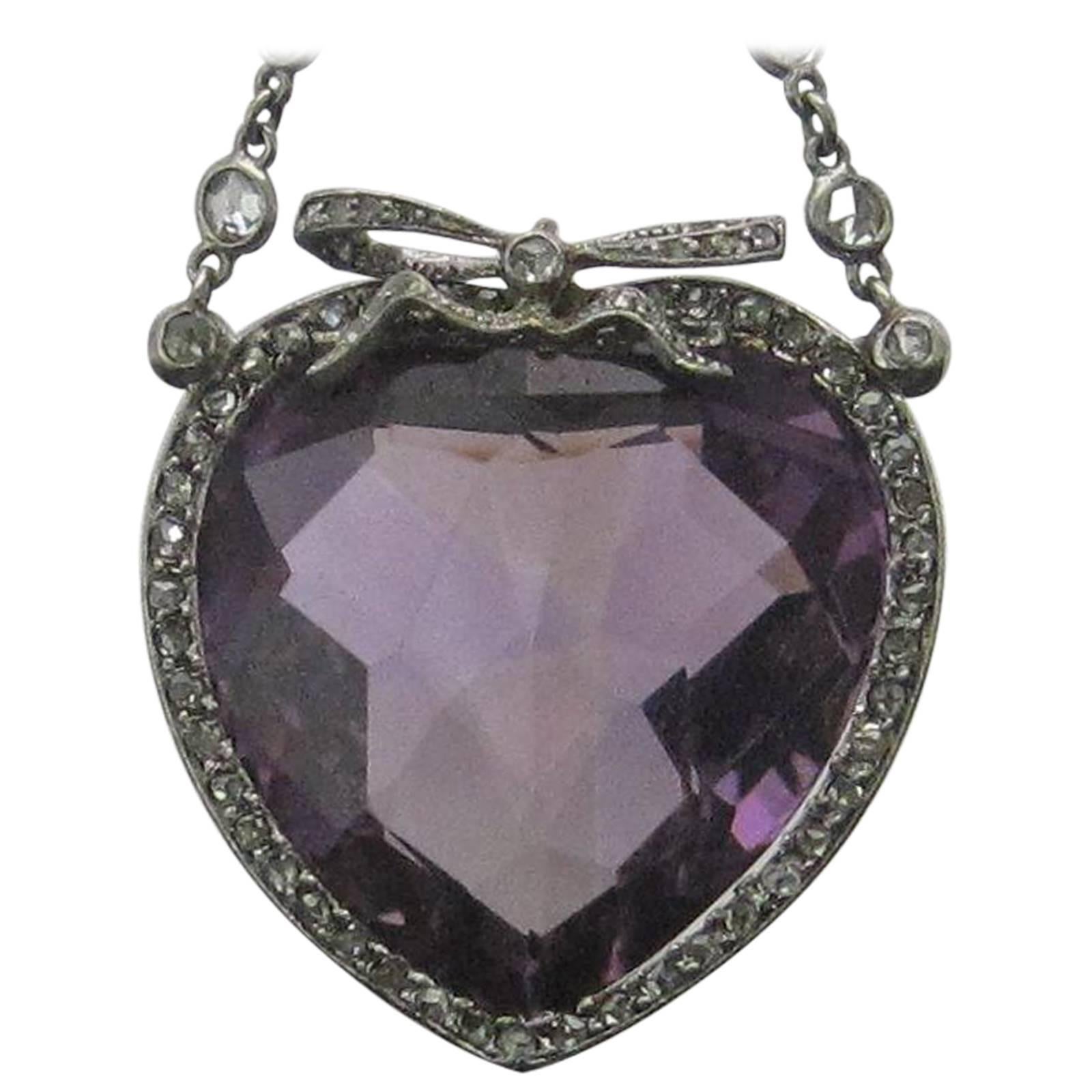 33.12 Carat Heart Shaped Amethyst Diamond Platinum Pendant and Chain