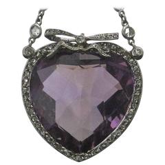 33.12 Carat Heart Shaped Amethyst Diamond Platinum Pendant and Chain 10