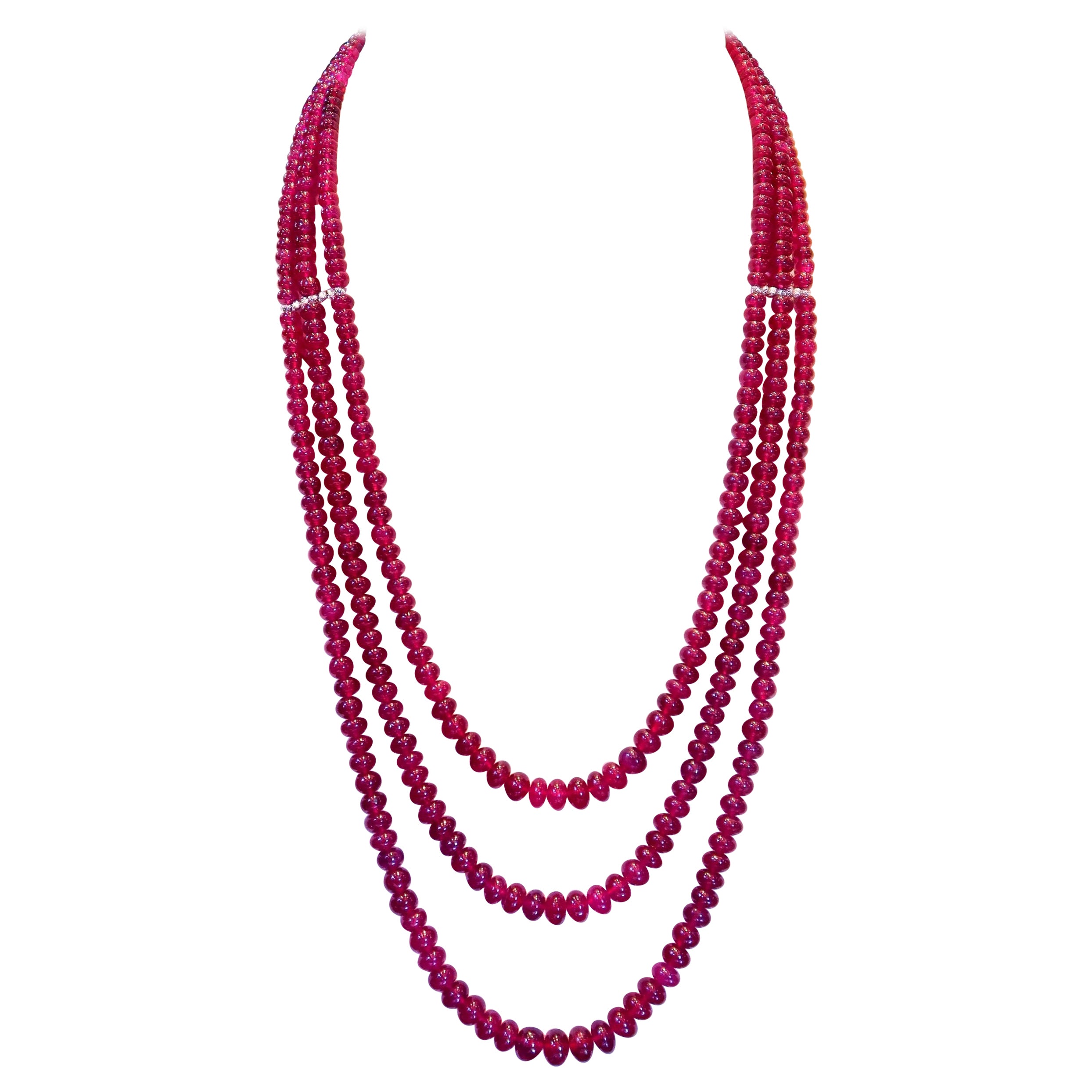 Triple Strand Ruby Bead Necklace with Faceted Diamond Cut White Gold Bar Spacers