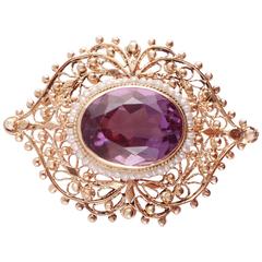 15.00 ct Amethyst Seed Pearl Gold Pin Pendant with Chain