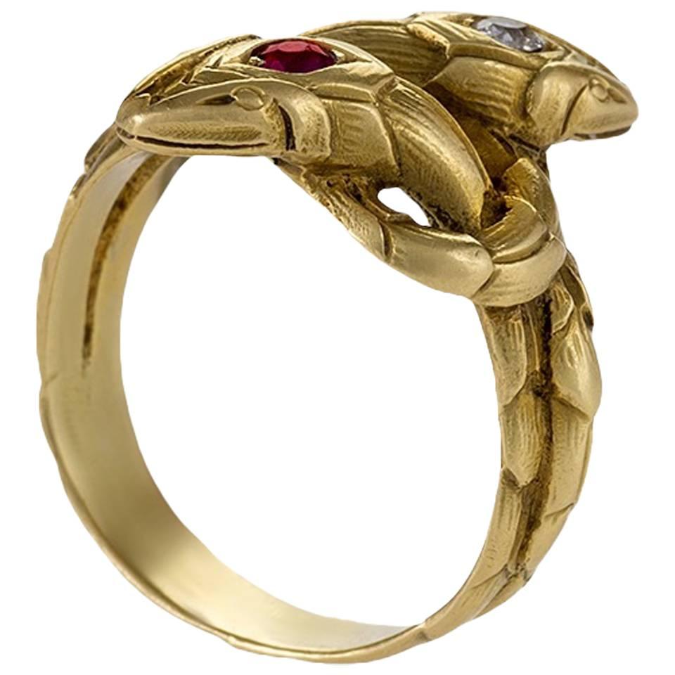 Antique French Ruby Diamond Gold Serpent Ring