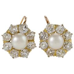 1880s Antique Pearl Diamond Gold Cluster Earrings