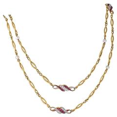 French Art Nouveau Pearl Ruby Diamond Platinum Gold Long Chain