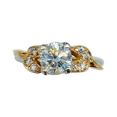 Retro GSI Certified 1.01 Carat Center Diamond Leaf Engagement Ring 18k White Rose Gold