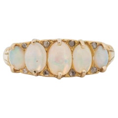 Victorian 18K Yellow Gold Five Opal and Diamond Scroll Carved Antique Ring