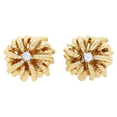 Yellow Gold Diamond Stud Earrings, 18k Round Brilliant Rope-Textured Pierced