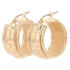 Yellow Gold Greek Key Hoop Earrings, 14k Mesh-Textured Pierced