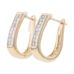 Yellow Gold Diamond Cluster Hoop Earrings, 14k Princess .50ctw Tapered Pierced
