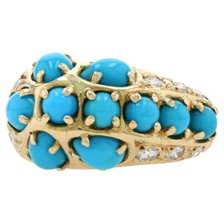 Yellow Gold Turquoise & Diamond Cluster Cocktail Ring 18k Pear .34ctw Euro Shank For Sale