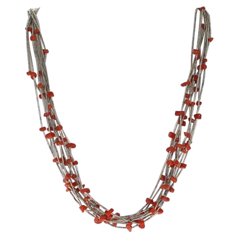 Native American Coral Multi-Strand Necklace, Sterling Silver 925 For Sale