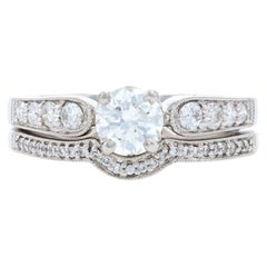 Antique White Gold Diamond Engagement Ring & Wedding Band, 14k Round .95ctw Milgrain