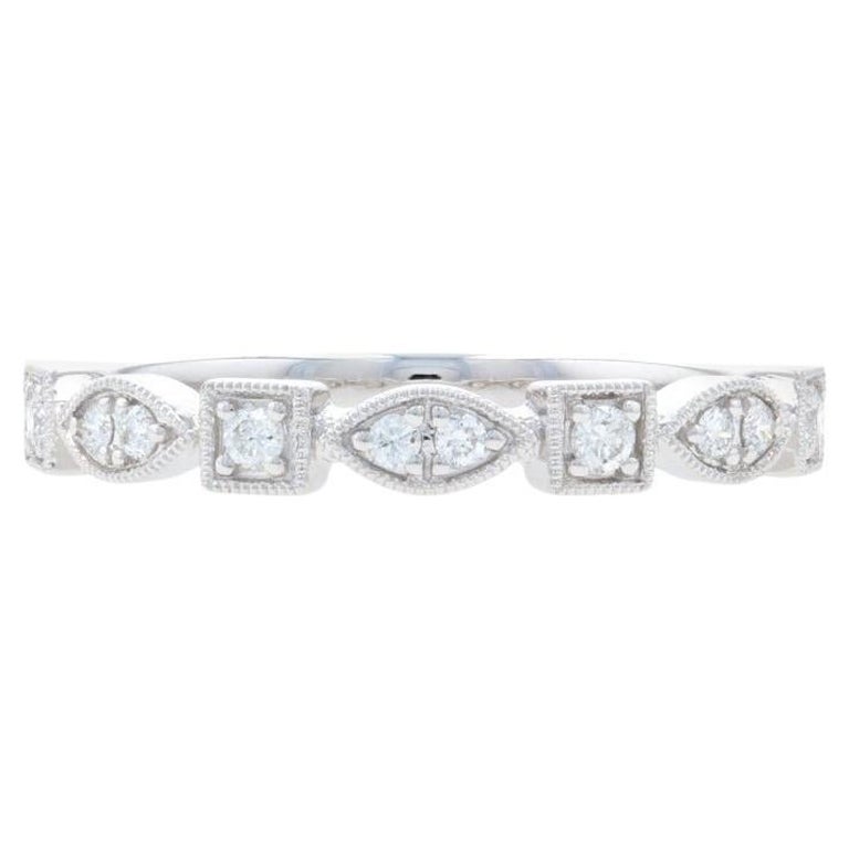 White Gold Diamond Wedding Band, 14k Round Cut .13ctw Stackable Milgrain Ring