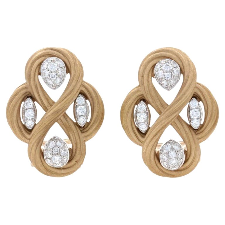 Yellow Gold Diamond Quatrefoil Infinity Knot Earrings, 18k Round .40ctw Pierced For Sale