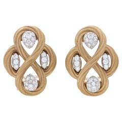 Vintage Yellow Gold Diamond Quatrefoil Infinity Knot Earrings, 18k Round .40ctw Pierced