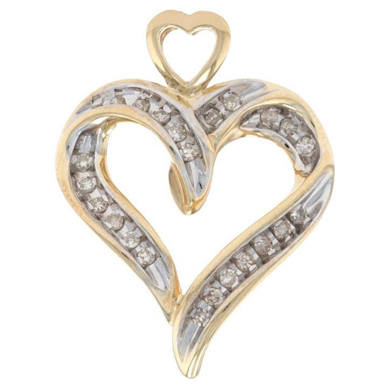 Yellow Gold Diamond Ribbon Heart Pendant, 10k Single Cut .25ctw Love For Sale