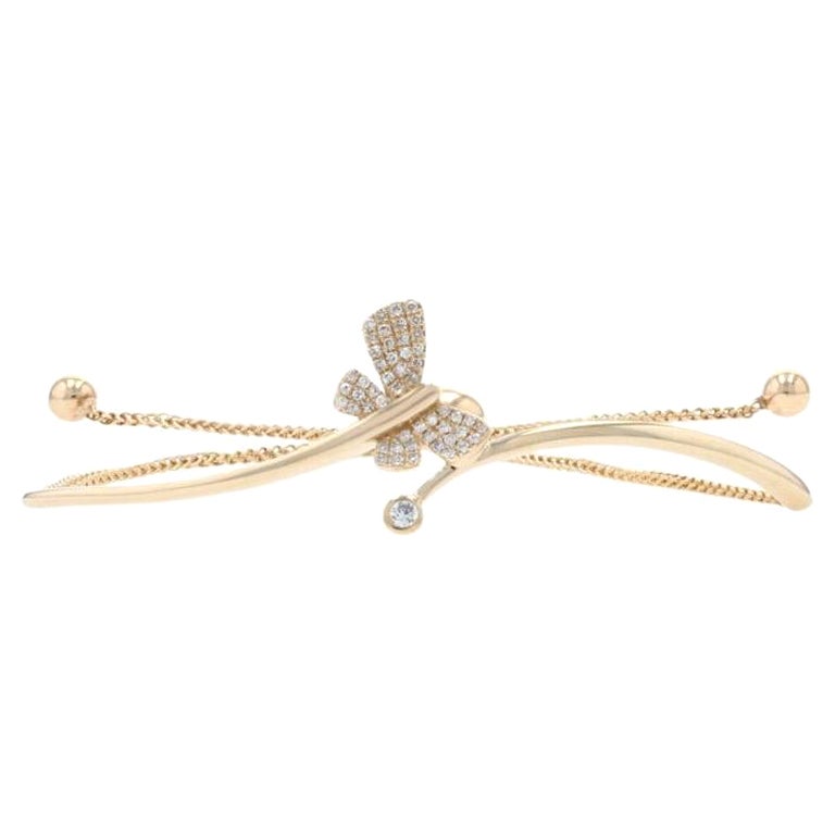 Yellow Gold Diamond Butterfly Bolo Bracelet, 14k Single .20ctw Adjustable Length For Sale