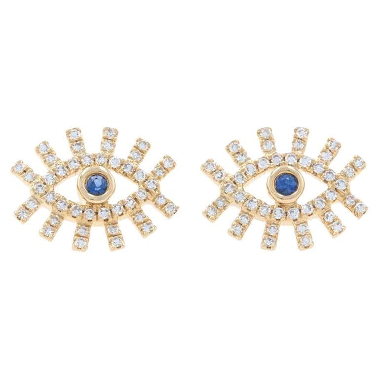 Yellow Gold Sapphire & Diamond Halo Stud Earrings 14k Rnd .28ctw All-Seeing Eyes For Sale