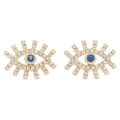 Vintage Yellow Gold Sapphire & Diamond Halo Stud Earrings 14k Rnd .28ctw All-Seeing Eyes