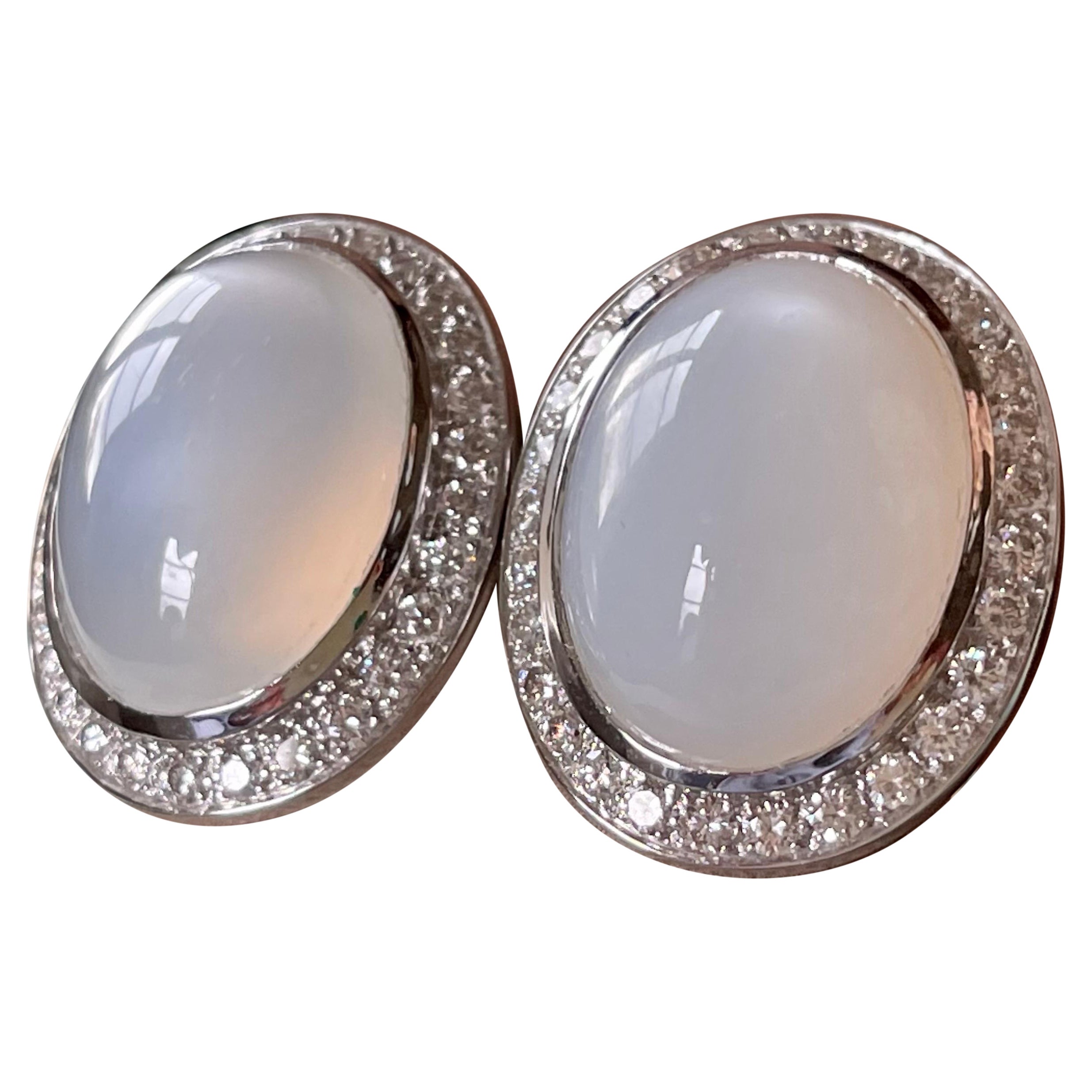 Elegant 18 K White Gold Earclips with Moonstones and Diamonds For Sale