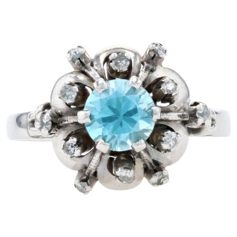White Gold Blue Zircon & Diamond Floral Halo Ring, 10k Round Cut 1.44ctw Tiered For Sale