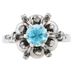 Retro White Gold Blue Zircon & Diamond Floral Halo Ring, 10k Round Cut 1.44ctw Tiered