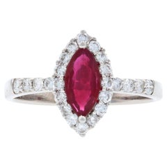 White Gold Ruby & Diamond Halo Ring, 18k Marquise Cut 1.72ctw GIA