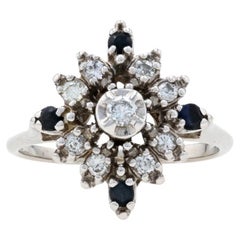 White Gold Diamond & Sapphire Cluster Halo Ring, 14k Round Brilliant .38ctw