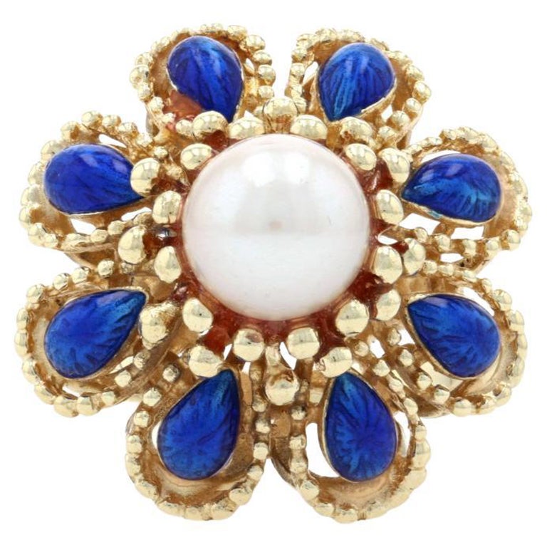 Yellow Gold Cultured Pearl & Enamel Vintage Flower Halo Ring, 14k Milgrain