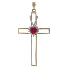 Synthetic Ruby & Diamond Cross Pendant, 10k Yellow Gold Heart Faith .64ctw