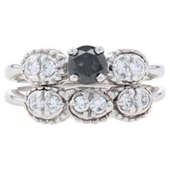 White Gold Black Diamond Engagement Ring & Wedding Band, 14k Round Cut .81ctw
