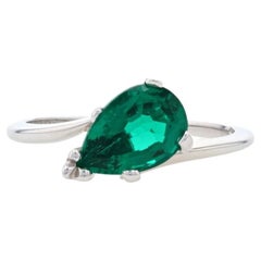 White Gold Synthetic Emerald Solitaire Bypass Ring, 14k Pear 1.23ct Engagement