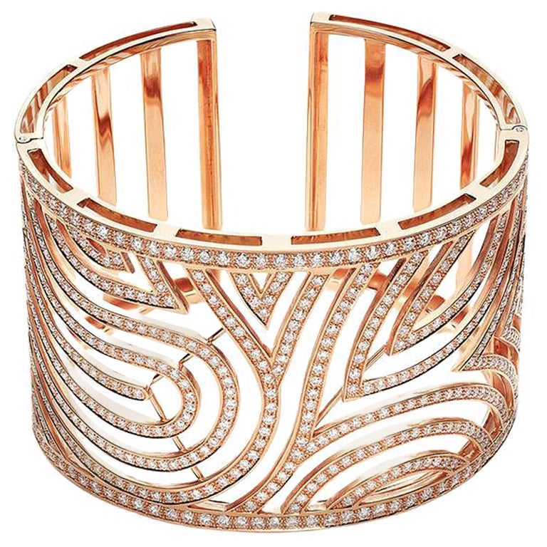 Wide Diamond Pink Gold Bangle For Sale