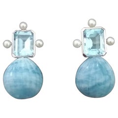 Sky Blue Topaz White Gold Pearls Engraved Round Drop Aquamarine Stud Earrings