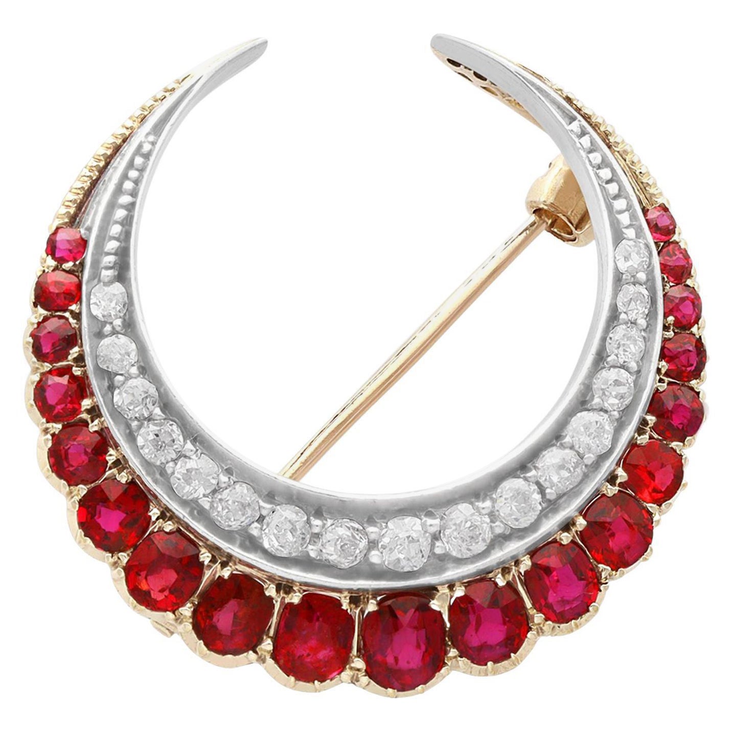 Antique 2.50Ct Ruby Diamond Yellow Gold Crescent Brooch For Sale