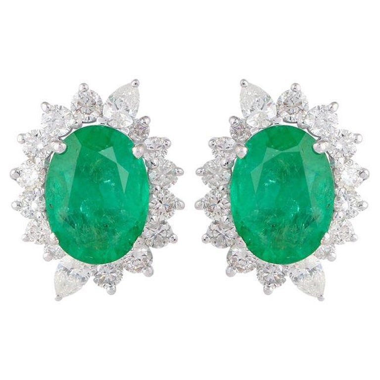 3.80 Carat Emerald Diamond 14 Karat Gold Oval Stud Earrings For Sale