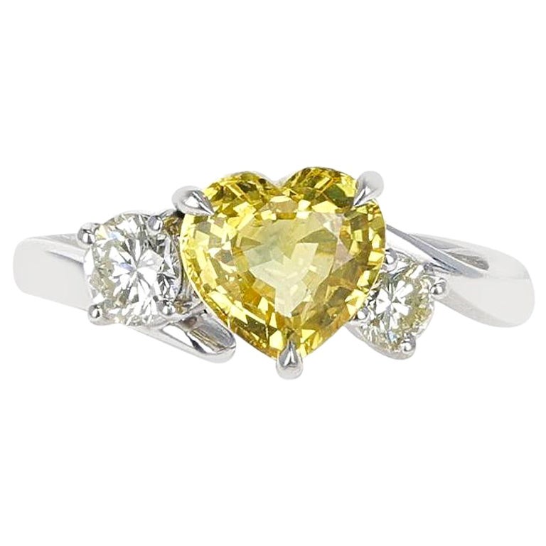 2.16 Carat Heart-Shape Yellow Sapphire with 0.51 Ct. Two Round Diamonds, Platinum
