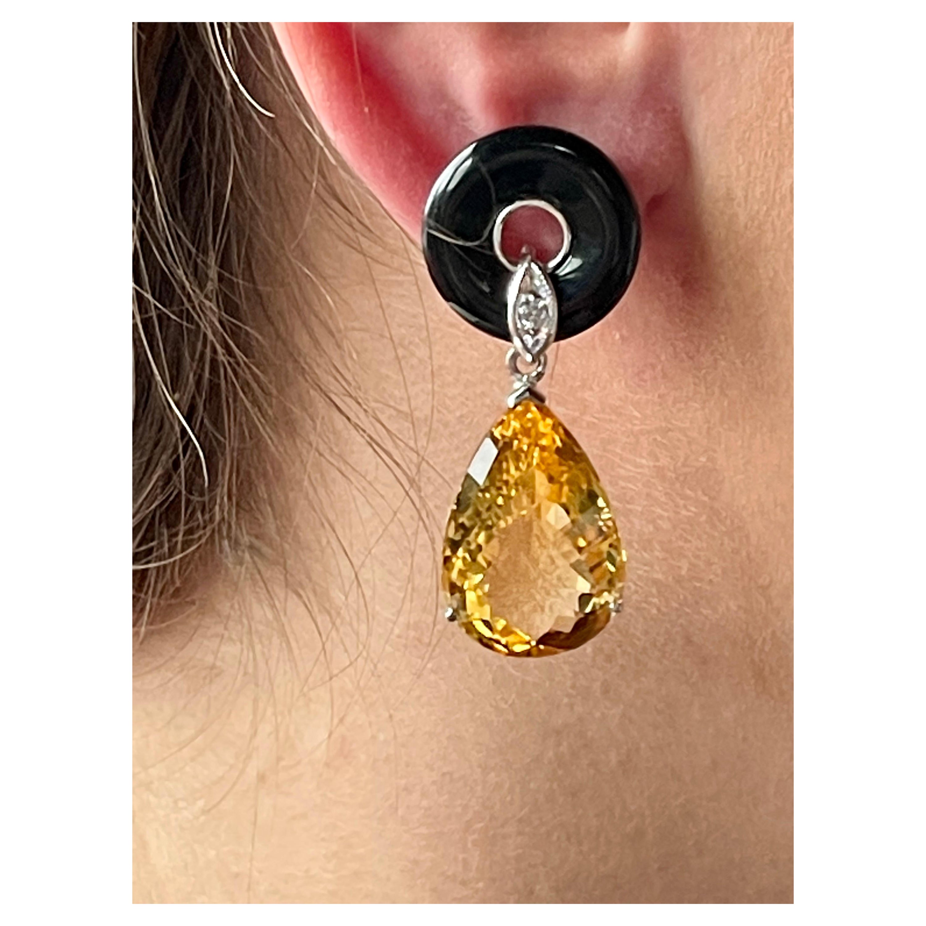 18 K White Gold Onyx Citrine Diamond Dangle Earrings