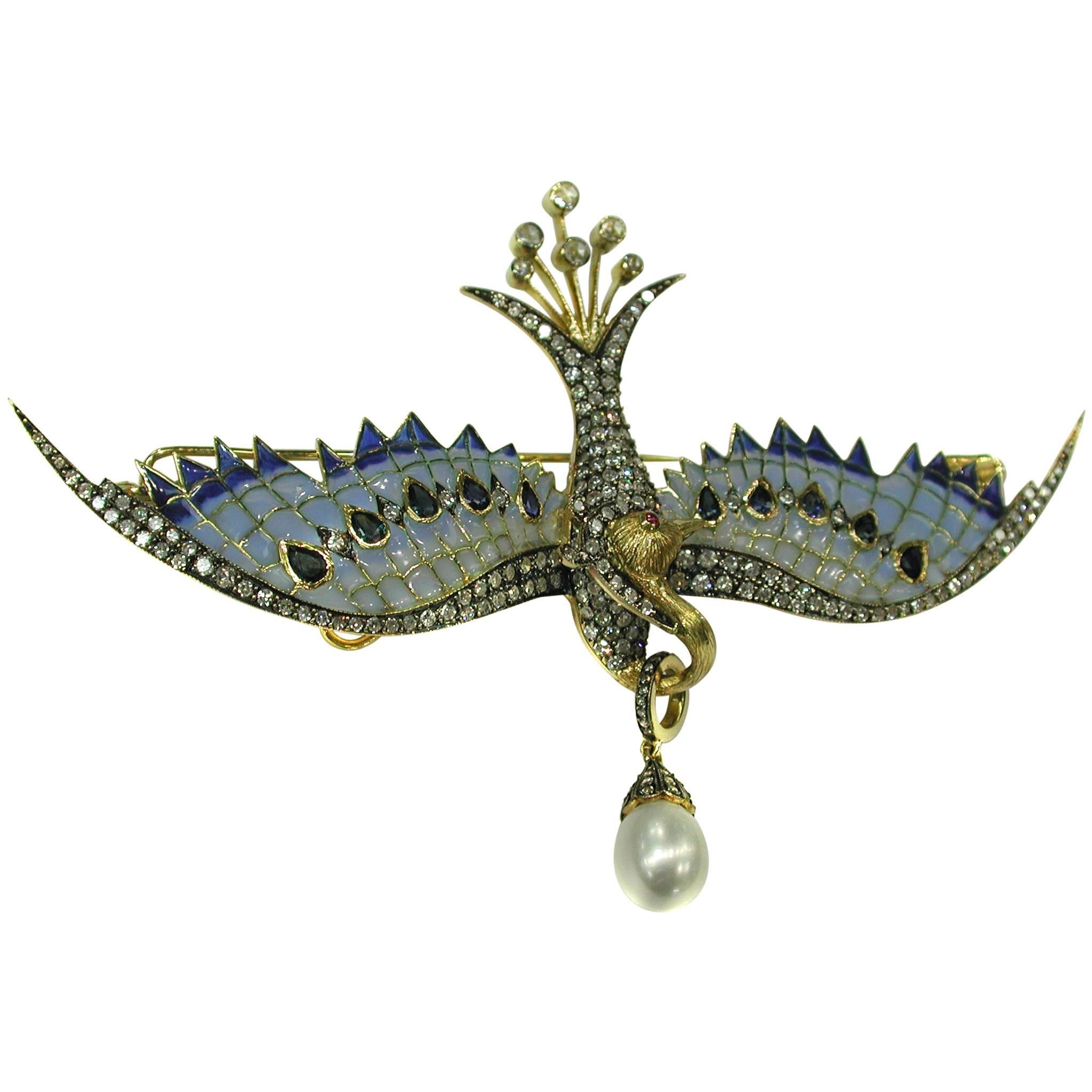 Plique-a-Jour Bird Brooch by Prince Diamond For Sale