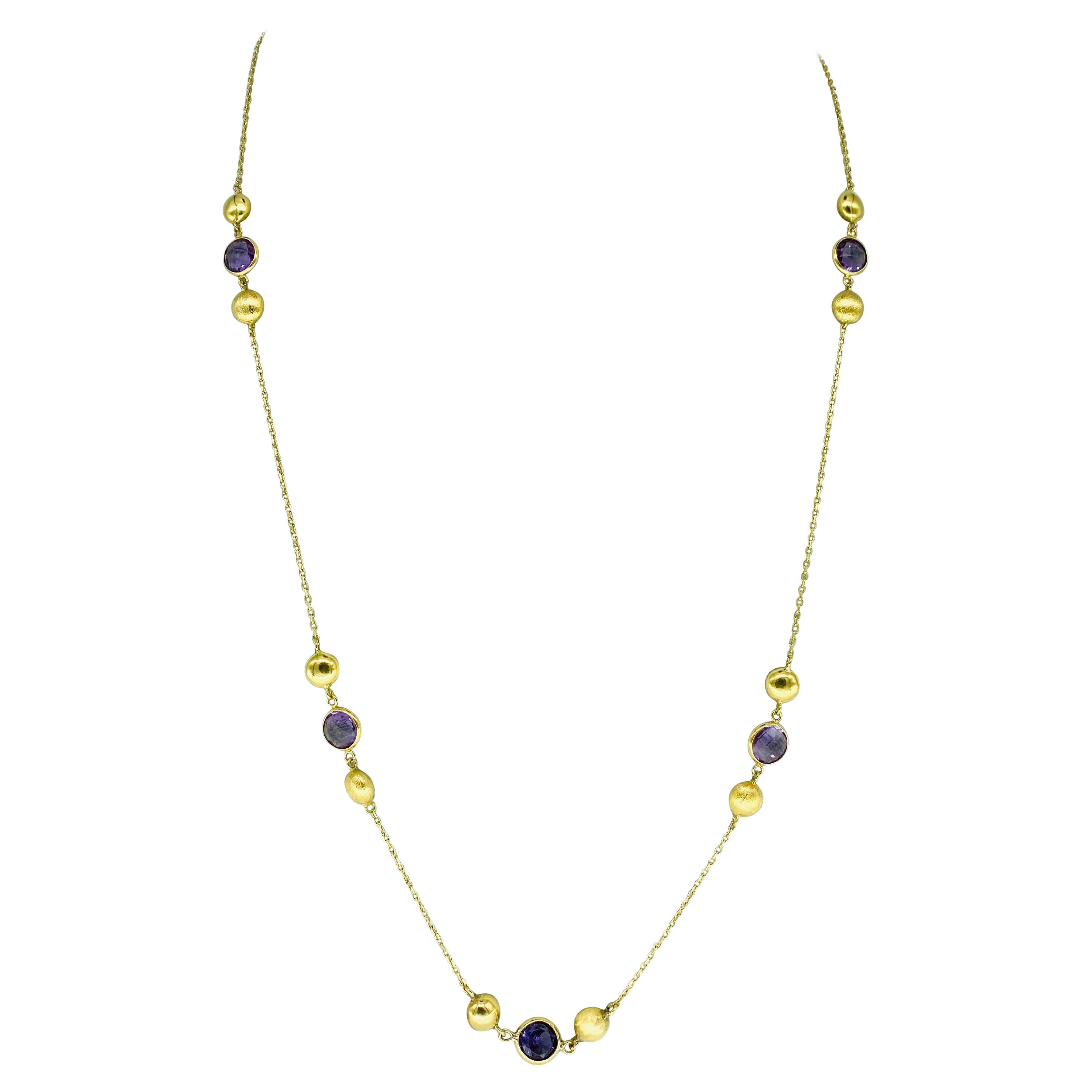 Vintage Amethyst & Purple Topaz Gemstone Long Necklace 18 Karat Gold For Sale