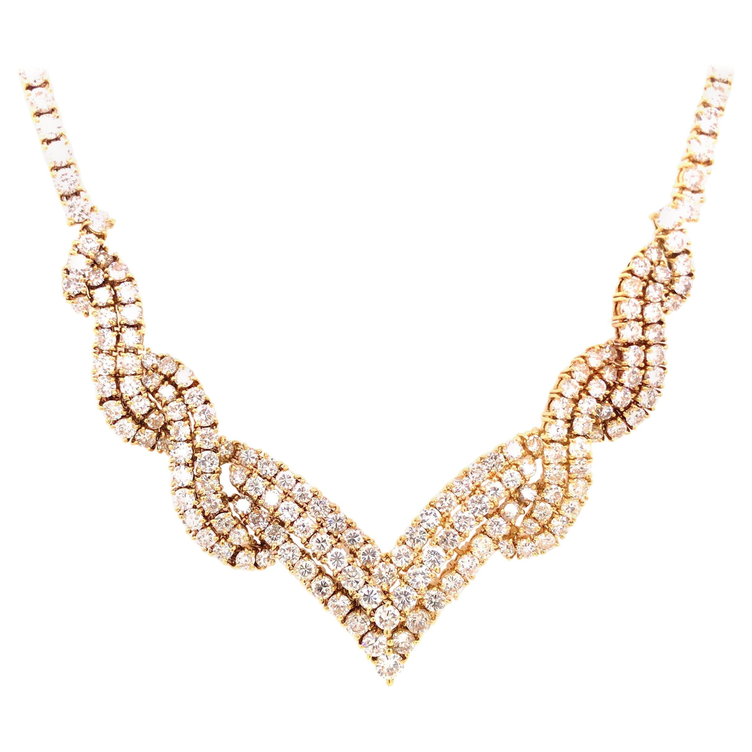 18K Yellow Gold Diamond Weave V Necklace For Sale