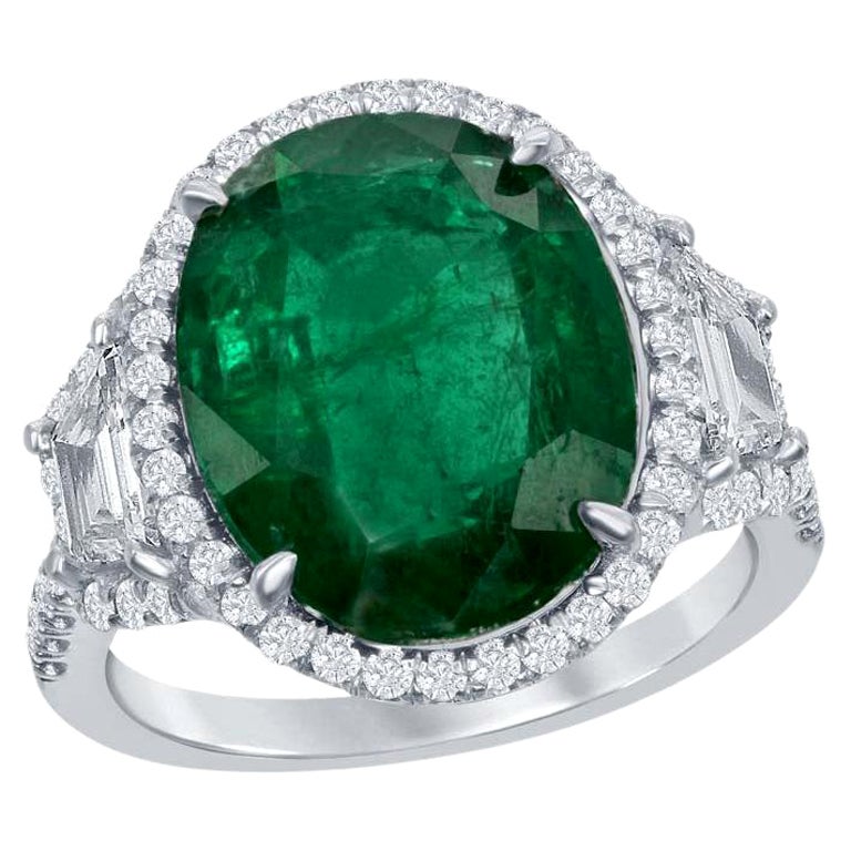 6.55 Carat Cushion Cut Emerald and Diamond Engagement Ring in Platinum For Sale