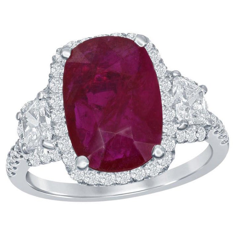 3.52 Carat Elongated Cushion Cut Ruby and Diamond Three Stone Ring in Platinum For Sale