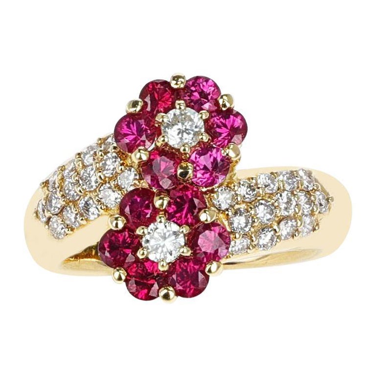 Double Flower 1.14 Ct. Ruby Ring with 0.55 Ct. Diamonds, 18K For Sale