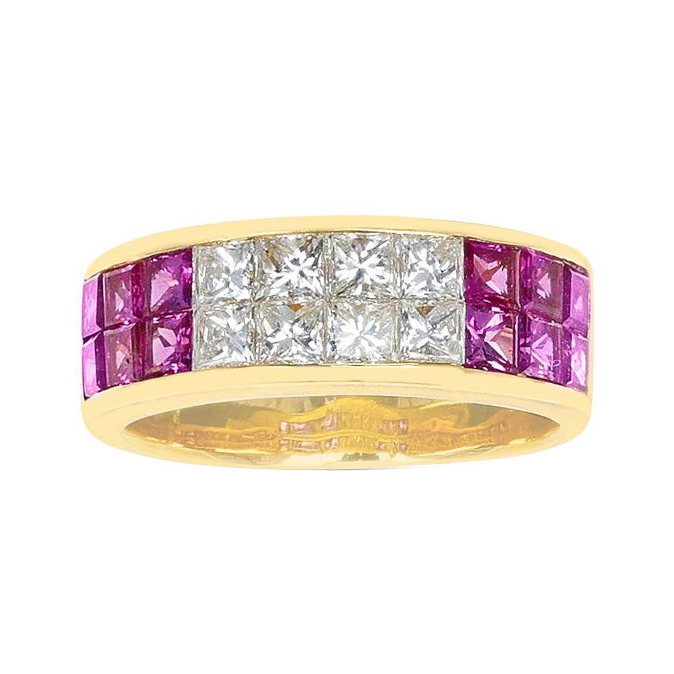 2.54 Ct. Pink Sapphire and 0.90 Ct. Diamond Channel Set Ring, 18K For Sale