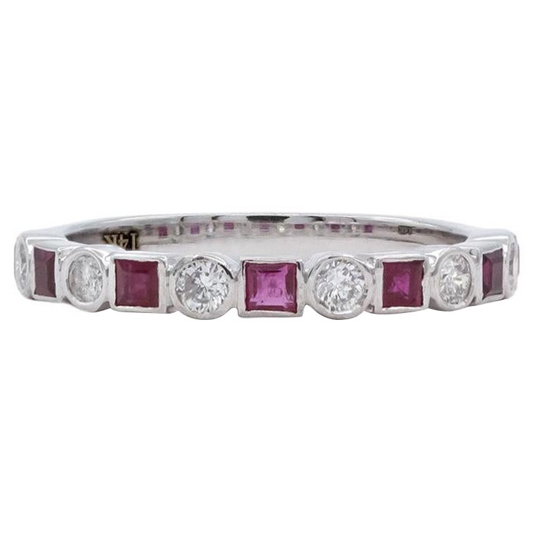 14k White Gold Ruby & Diamond Fashion Stacking Ring For Sale