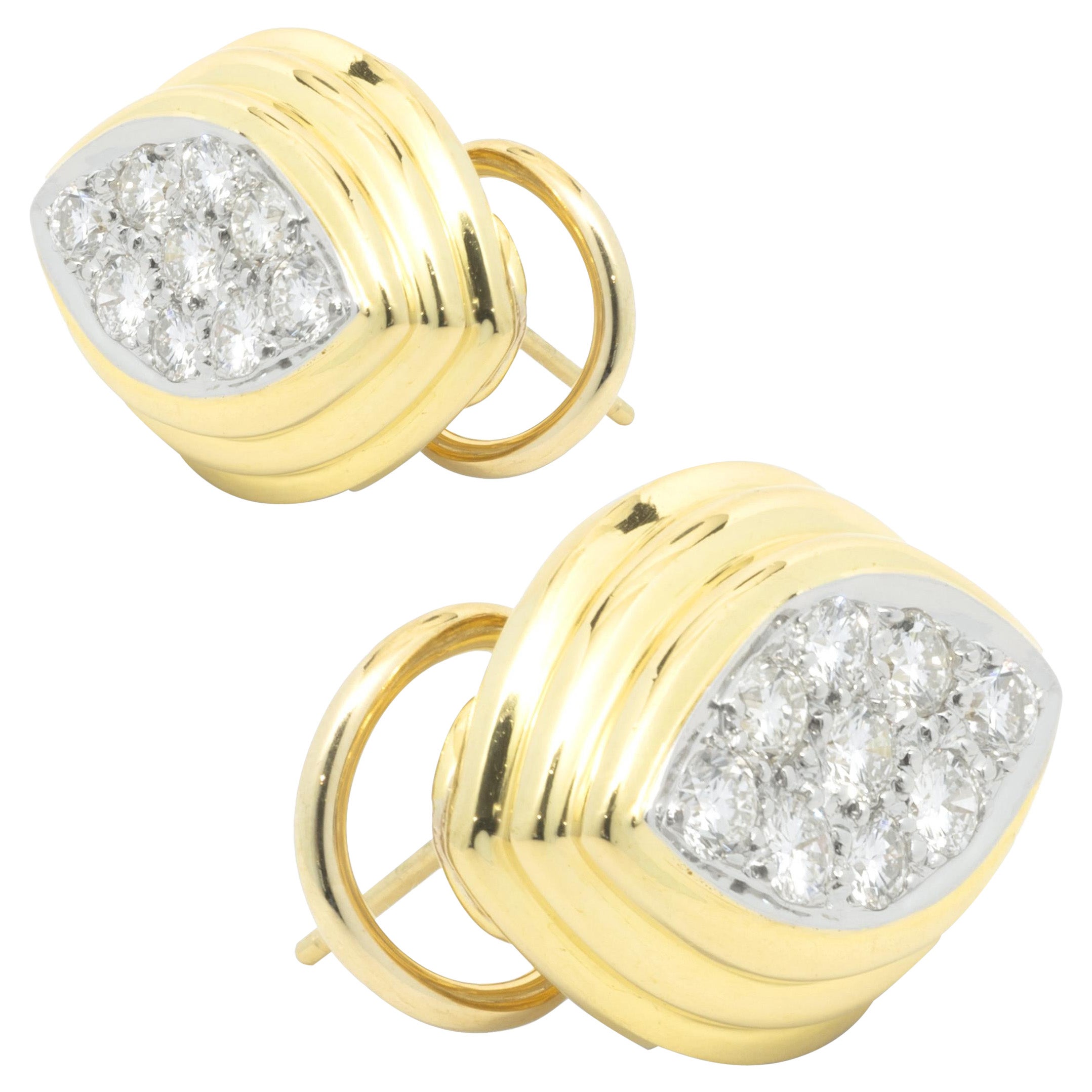 14 Karat Yellow Gold Pave Diamond Marquise Shaped Earrings For Sale