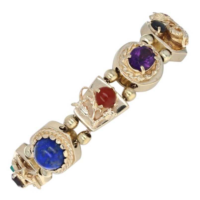 Yellow Gold Amethyst Topaz Garnet Vintage Slide Charm Bracelet, 14k 4.51ctw