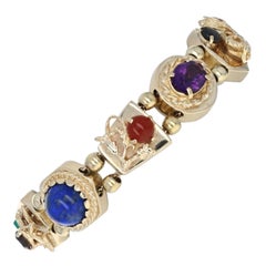 Yellow Gold Amethyst Topaz Garnet Vintage Slide Charm Bracelet, 14k 4.51ctw