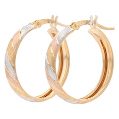 Yellow Gold Brushed Diagonal Stripe Hoop Earrings, 14k Etched Pierced